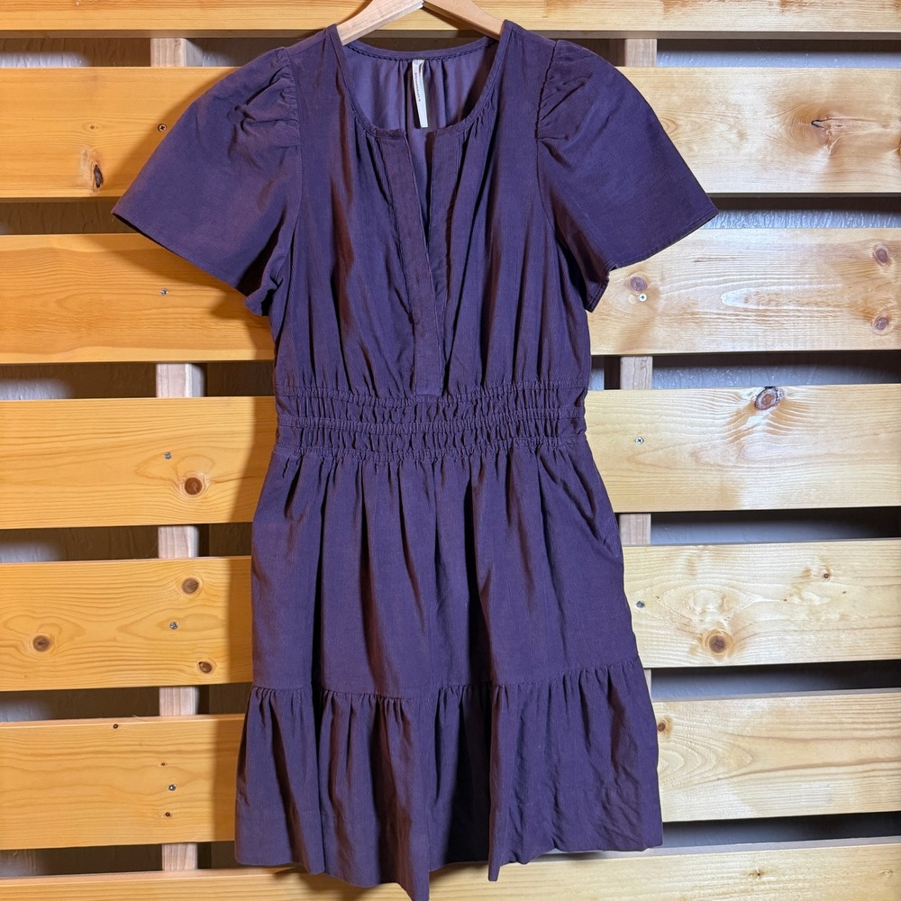 Anthropologie Corduroy Mini Dress Women M Purple Smocked Waist Split Neck Tiered